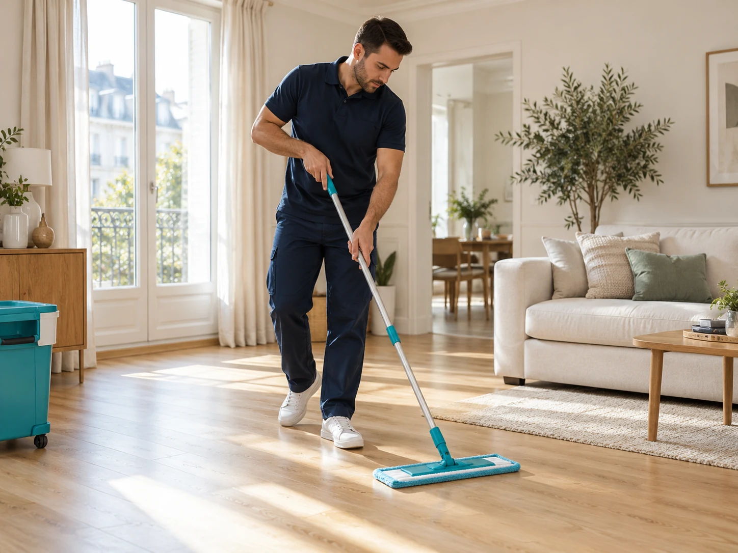 Agent d'entretien lavant un sol en parquet
